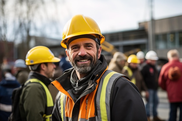 Volwassen glimlachende bouwvakker in een gele hardhat buiten