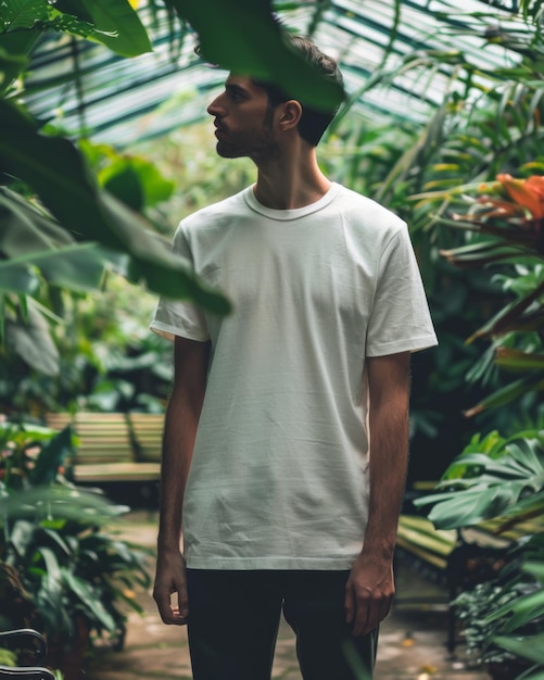 Volwassen jongeman model in blank wit T-shirt voor ontwerp mockup