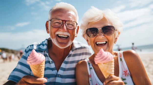 Volwassen koppel geniet van de tijd op het strand Zomervakantie van gelukkige man en vrouw