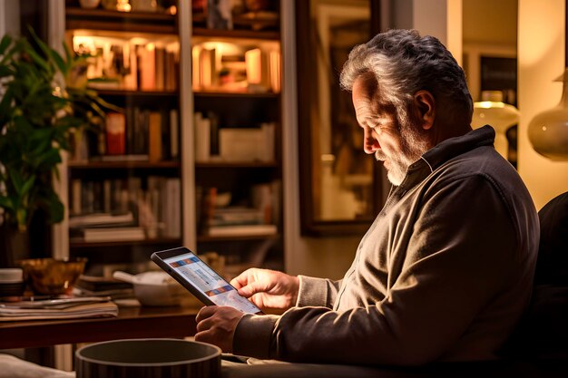 Foto volwassen man bekijkt zijn investeringen via het internet op een tablet in het comfort van zijn huis