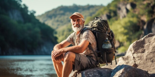 Volwassen man met rugzak zit op een rots bij de rivier die van de berg afkomt Generatieve AI