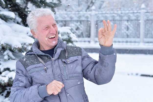 Volwassen man portret close-up, outdors in de winter