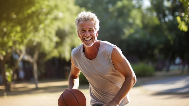 Volwassen man speelt basketbal met enthousiasme