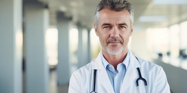 Volwassen mannelijke arts in een witte jas staat in de ziekenhuisgang
