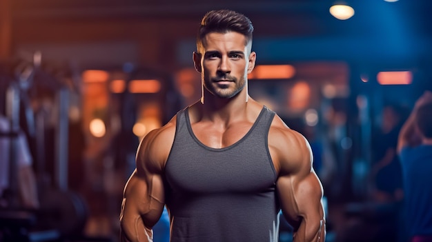 Foto volwassen mannelijke bodybuilder poseert voor een foto met haar armen gekruist in de sportschool