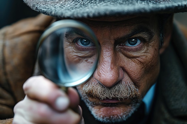 Volwassen mannelijke detective in een hoed kijkt door een vergrootglas van dichtbij.