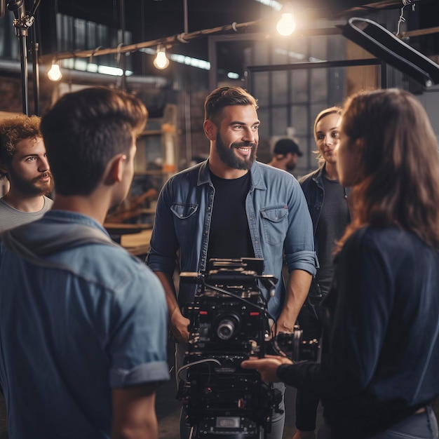 Foto volwassen mannelijke fotograaf die uitlegt over de opname aan zijn team in de studio