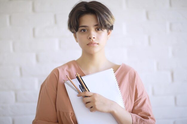 volwassen meisje tekent op papier potloden / portret van een mooie jonge vrouwelijke student, kunstacademie onderwijs, concept van kunsteducatie