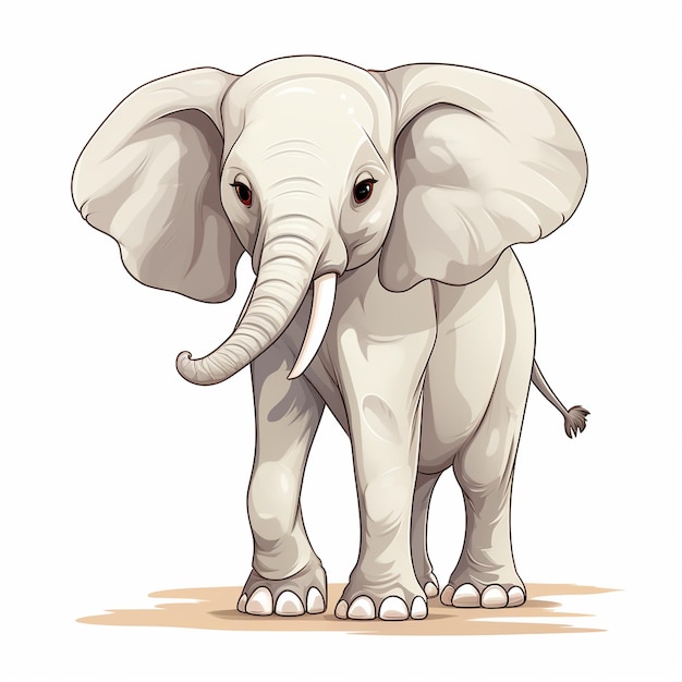 Volwassen olifant met ivoor in cartoon-stijl op witte achtergrond