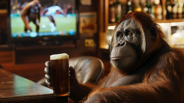 Foto volwassen orang-oetan in een pub met een glas bier die voetbal kijkt op tv bar advertentie met kopie sp