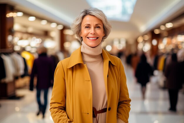 Volwassen vrouw die glimlacht in een winkelcentrum.