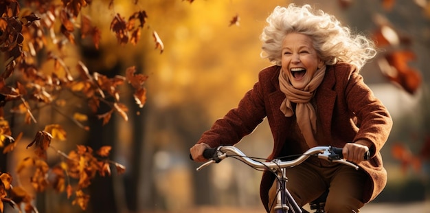 Foto volwassen vrouw fietsen grootmoeder op een fiets in de herfstdag