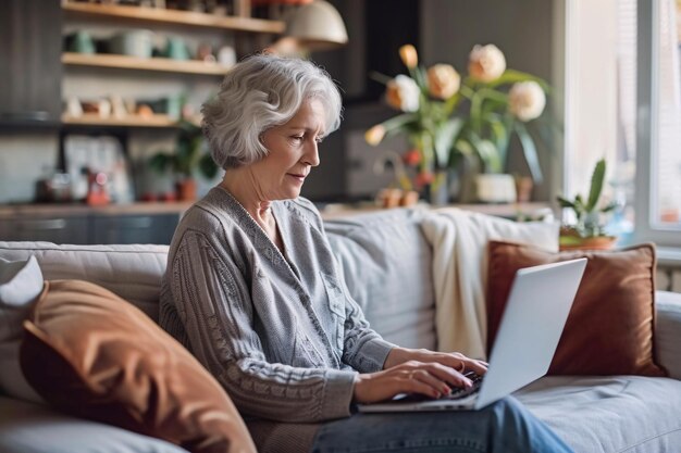 volwassen vrouw met een moderne laptop in de woonkamer