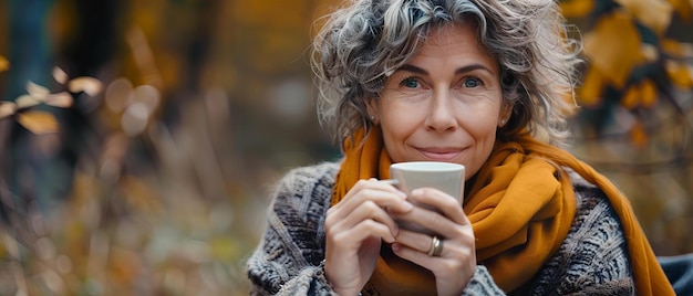 Volwassen vrouw overweegt de herfst met een kop koffie