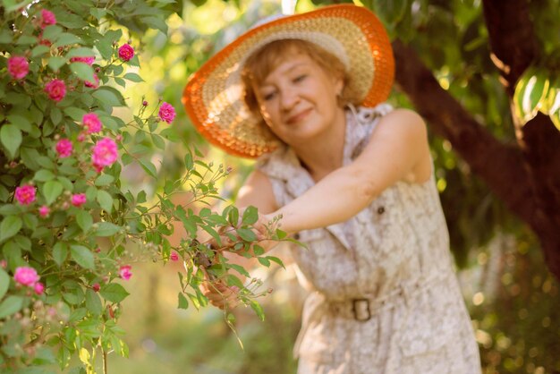 Volwassen vrouwelijke bloemist die werkt met bloemen in de tuin met bloemen