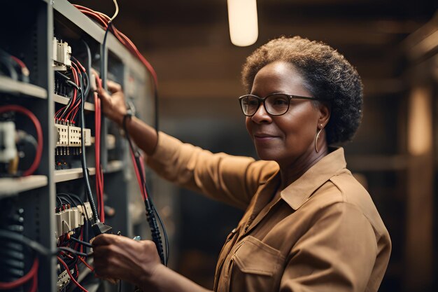 Volwassen vrouwelijke elektricien werkt in een schakelbord met een elektrische verbindingskabel Werkende beroepen concept