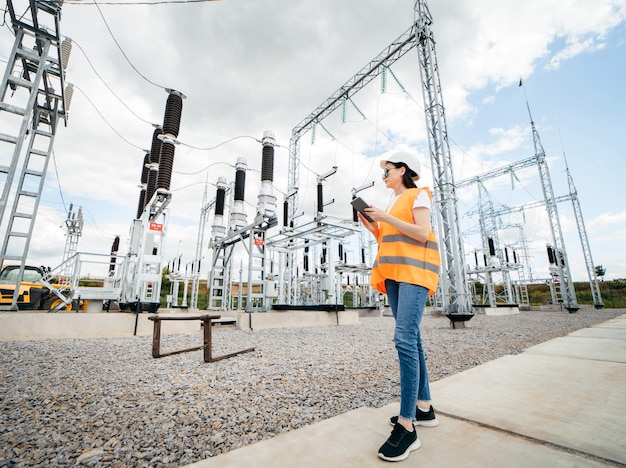 Volwassen vrouwelijke energie-ingenieur inspecteert de apparatuur van de moderne krachtcentrale met behulp van gegevens van de t