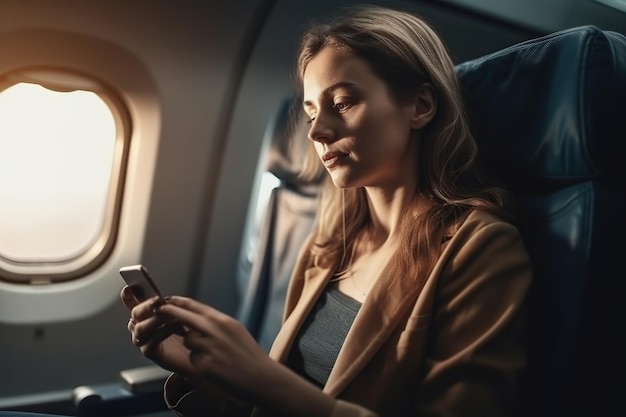 Volwassen vrouwenzitting in een vliegtuig Generatieve AI