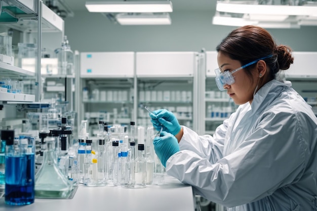 Volwassen wetenschapper concentreerde zich op experimenten met het dragen van beschermende brillen en handschoenen in laboratoriumjassen