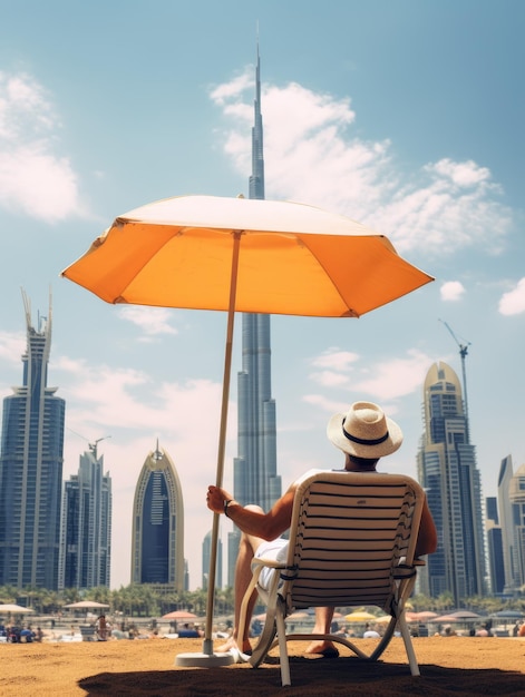 Volwassen zakenman zit onder een paraplu in een stadsbeeld