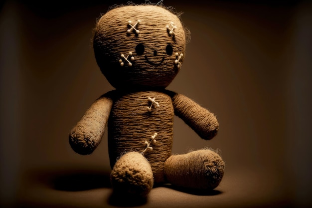 Voodoo doll in form of human being on dark background