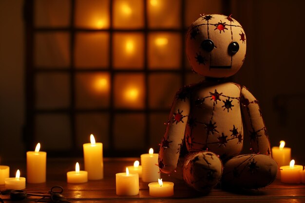 Voodoo doll with pins in a candlelit room Generative AI