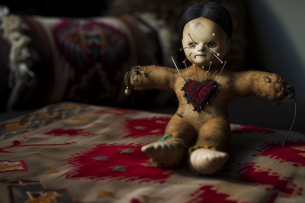 Photo voodoo doll with pins on heart area on a table