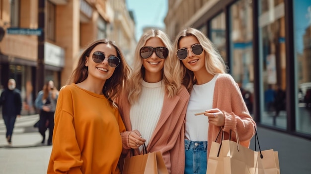 Voor de lente-uitverkoop slenterden drie vrolijke vrouwelijke metgezellen met boodschappentassen door de straat Generative AI