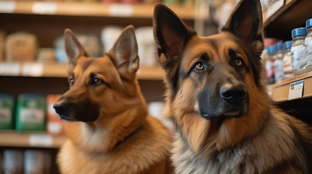 Voor de voedselrekken in een dierenwinkel kijken een kat en een hond naar de camera met behulp van Generative AI