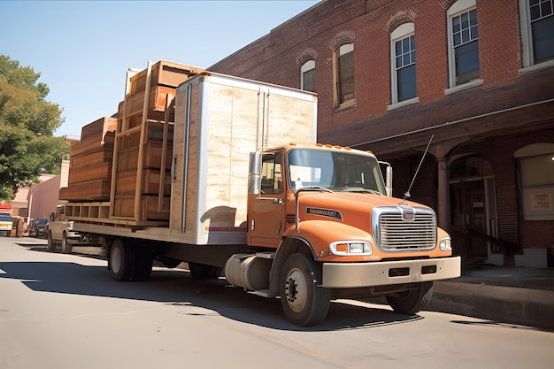 Voor een bakstenen gebouw staat een vrachtwagen met een grote bak achterop geparkeerd.