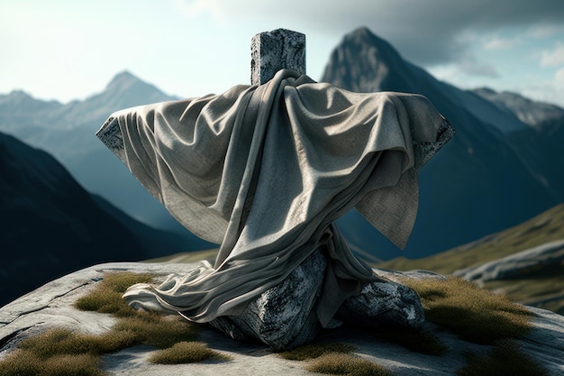 Foto voor een bergketen staat een standbeeld van een man met een cape op zijn hoofd.