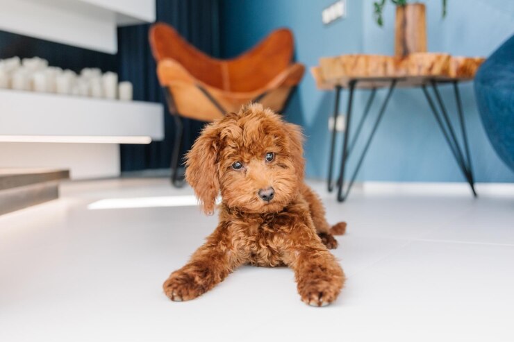 Voor een blauwe muur ligt een bruine hond op de grond.