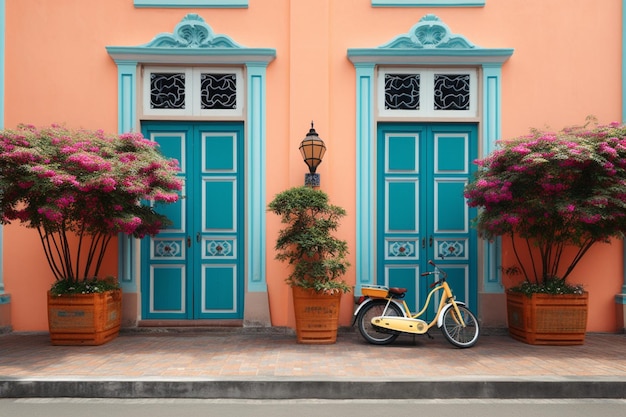 Voor een gebouw met blauwe deuren staat een fiets geparkeerd.