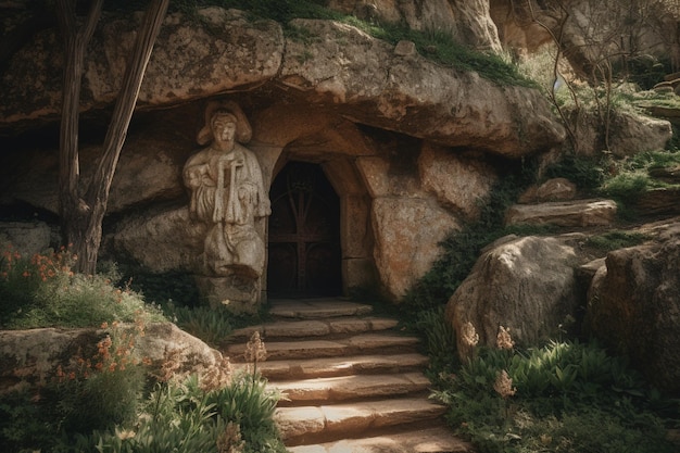 Voor een grot staat een standbeeld van een man met een houten deur waarop 'het woord jezus' staat
