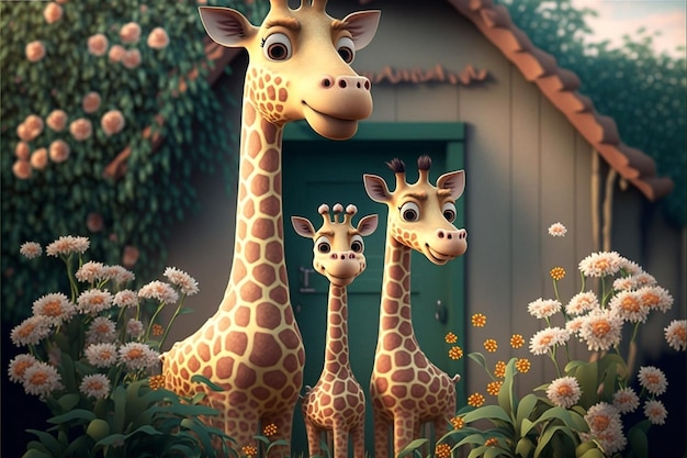 Voor een huis staan een giraf en een baby.