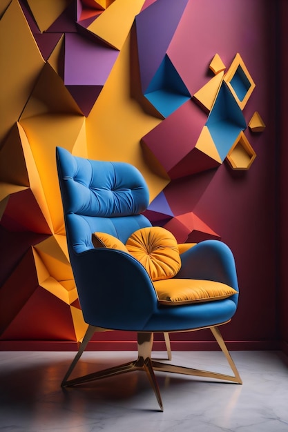 Voor een kleurrijke muur staat een blauwe stoel met een geel kussen.