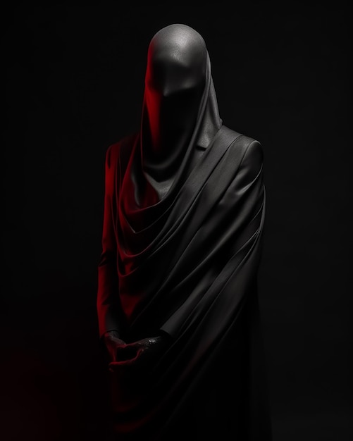 Voor een rood licht staat een standbeeld van een vrouw met een zwart masker op haar hoofd