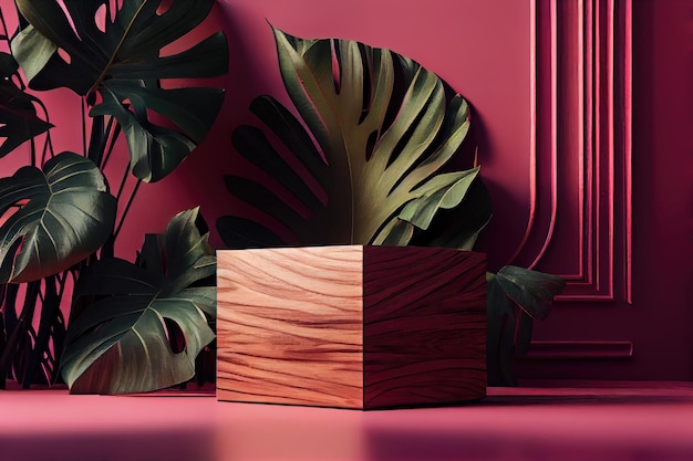 Voor een roze muur met een tropisch blad staat een houten kist.