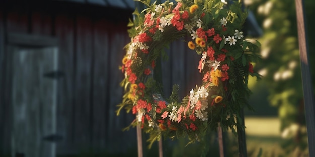 Voor een schuur hangt een bloemenkrans.