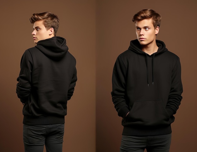 Voor- en achteraanzicht van een mockup met zwarte hoodie voor designprint