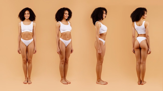 Voor- en achteraanzicht van slanke zwarte dame in ondergoed die perfecte lichaamsvorm beige demonstreert
