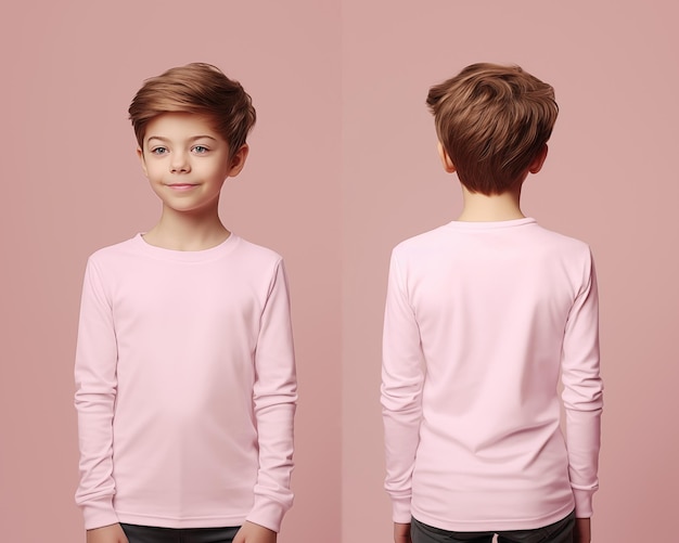 Voor- en achterbeeld van een kleine jongen die een roze langmouwe T-shirt draagt