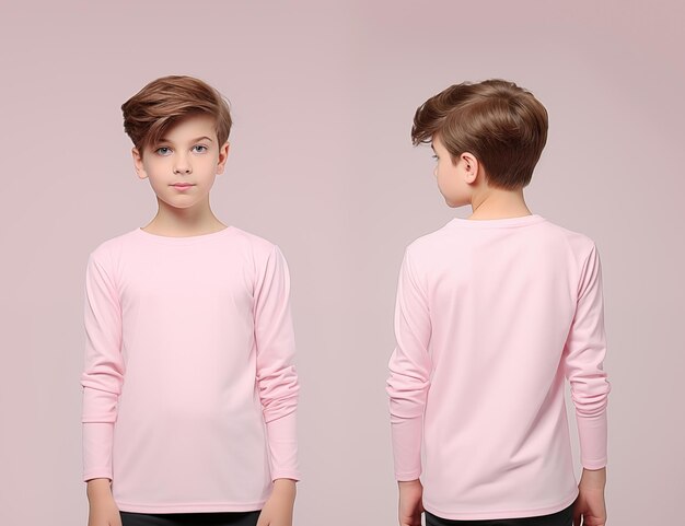 Voor- en achterbeeld van een kleine jongen die een roze langmouwe T-shirt draagt