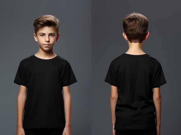 Voor- en achterbeeld van een kleine jongen die een zwart T-shirt draagt