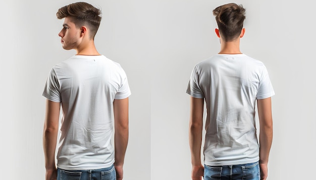 Voor- en achterbeeld van jonge man in stijlvol T-shirt op witte achtergrond