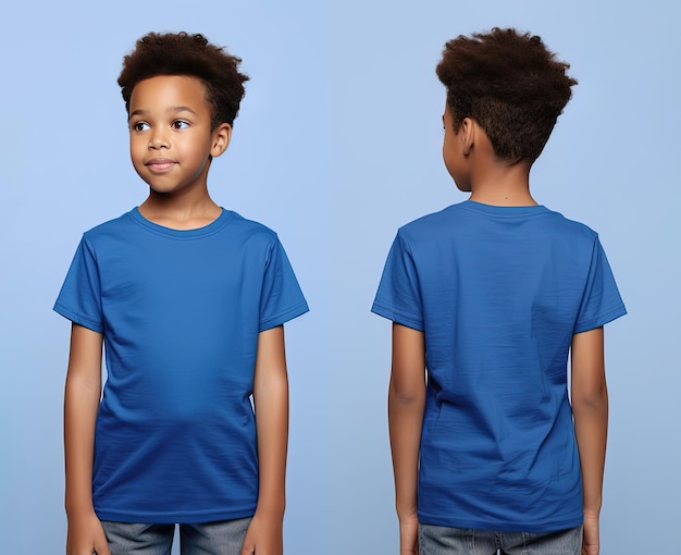 Voor- en achterkant van een kleine jongen die een blauw T-shirt draagt