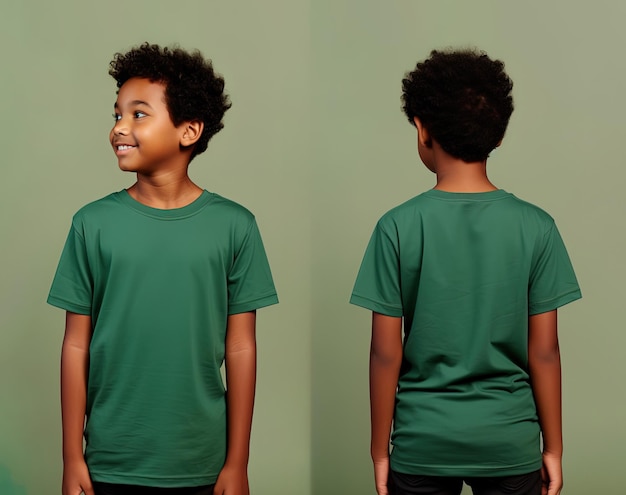 Voor- en achterkant van een kleine jongen die een groen T-shirt draagt