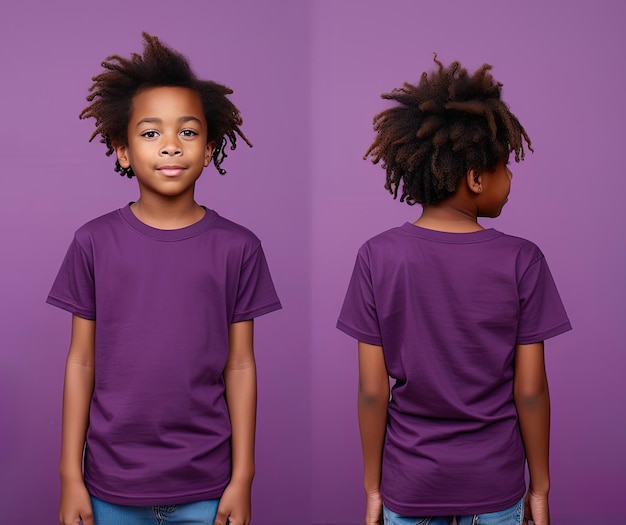 Voor- en achterkant van een kleine jongen die een paars T-shirt draagt