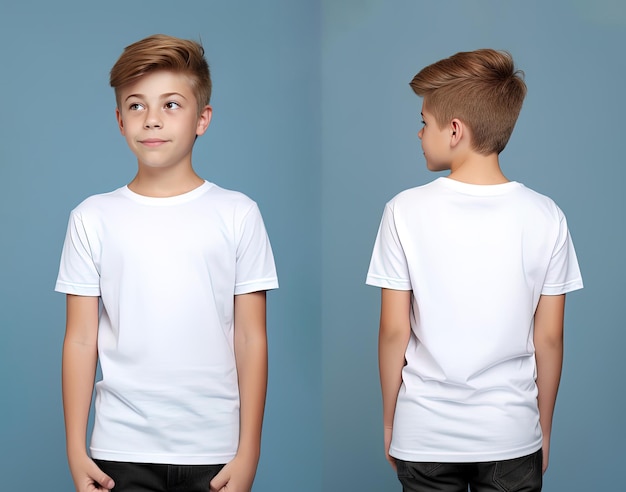 Voor- en achterkant van een kleine jongen die een wit T-shirt draagt
