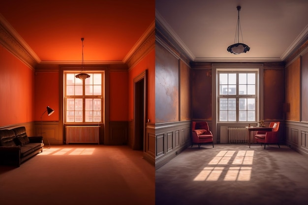 Voor en na de restauratie of renovatie van een kamer met neonverlichting AI